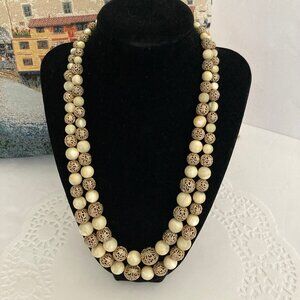 Antique Two Strand Brished Gold and Cream Colored Beaded Necklace Choker